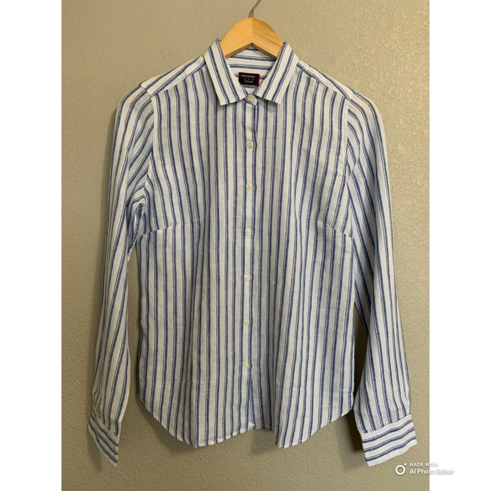 UNTUCKit Linen Button Up Shirt Size 4 Blue & White Stripe NWOT